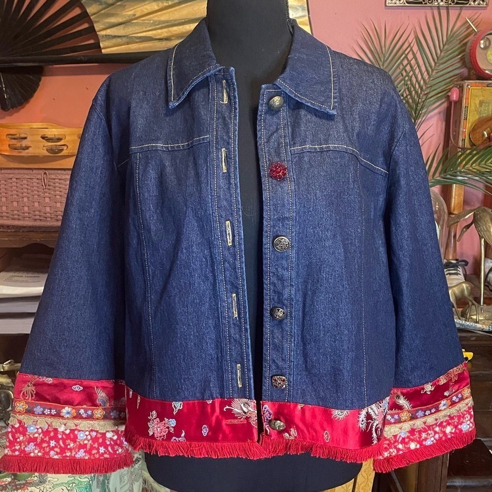F. L. Malik vintage 90s Y2K denim shirt jacket shacket Asian style silk cuffs